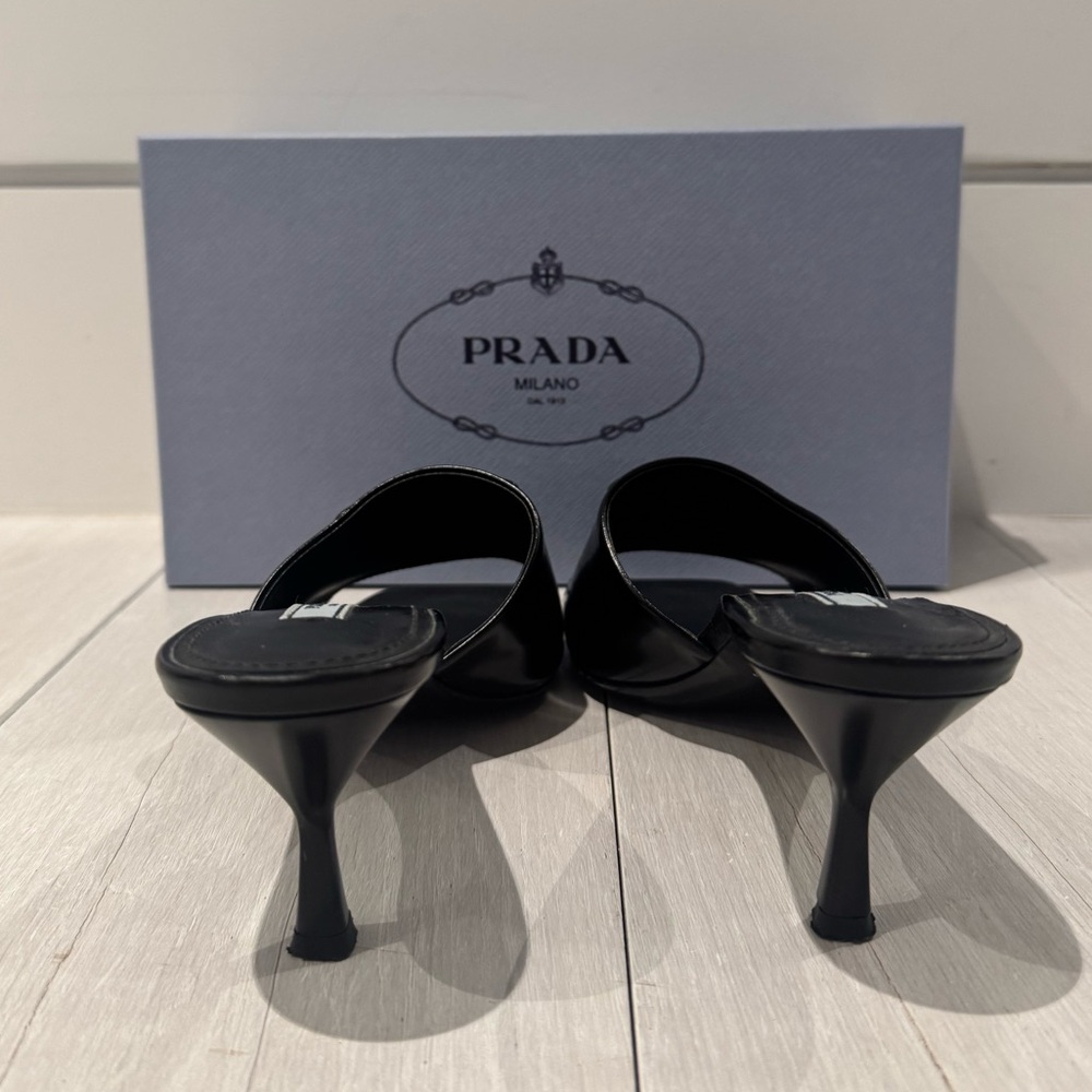 Black Leather Prada Mules with Prada Logo - Picture 3 of 6